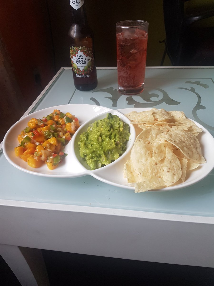 Quarantine cuisineLunchMango salsa and guacamole with tortilla chipsStrawberry cider