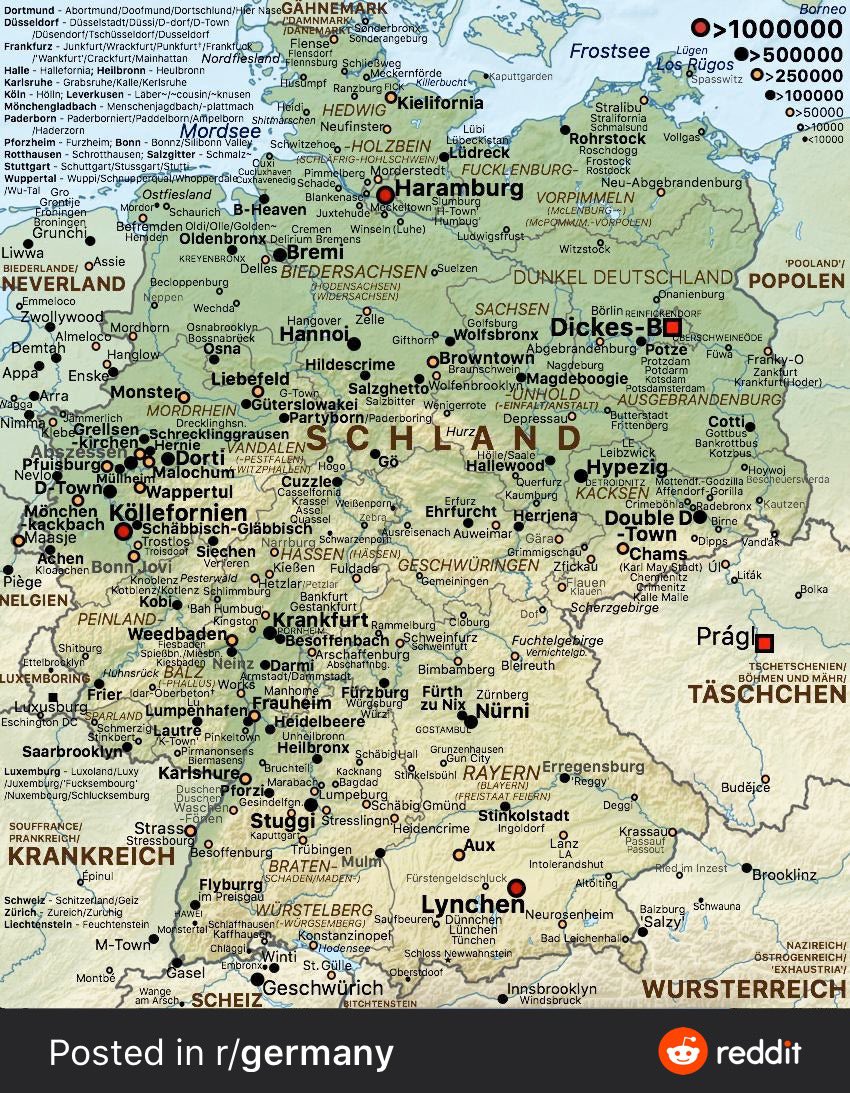 Für sowas liebe ich Reddit einfach. 😅👍
Alle möglichen Wortspiele mit deutschen Städten, Bundesländern etc:
reddit.com/r/germany/comm…

Und damit Grüße aus Köllefornien! 😄