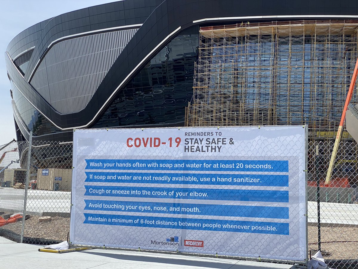 mickakers's tweet photo. New signage up at Allegiant Stadium listing safety guidelines for workers amid the novel coronavirus pandemic. #vegas #raiders #stadium https://t.co/ZWcYbMTIlK
