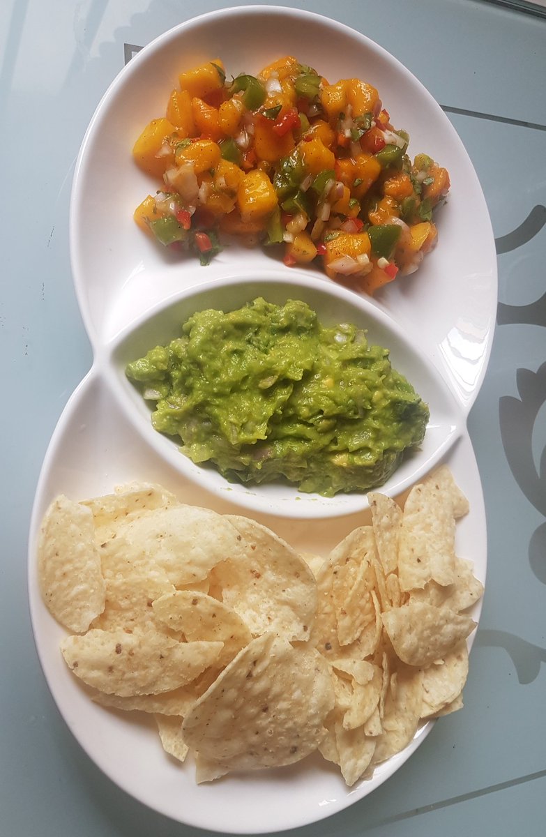Quarantine cuisineLunchMango salsa and guacamole with tortilla chipsStrawberry cider
