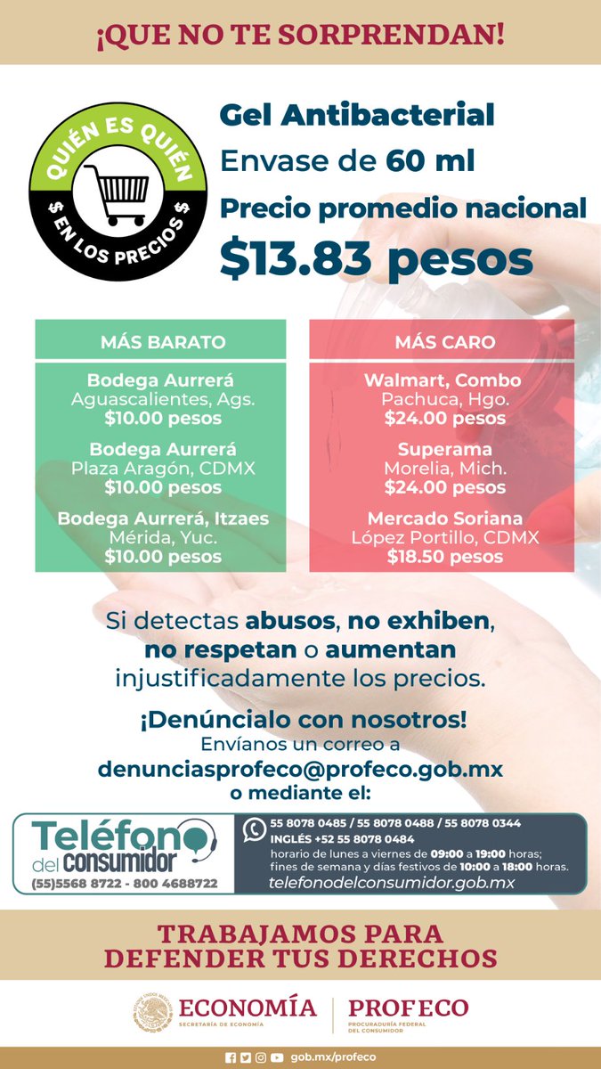 Profeco's tweet photo. Nuestro programa #QuiénEsQuién en los precios, recabó el de artículos para el cuidado de la salud, como Gel Antibacterial. Te recomendamos hacer compras informadas y razonadas, no adquieras productos que no necesitas, evita compras impulsivas y desproporcionadas. https://t.co/0Rc0GcrGUD