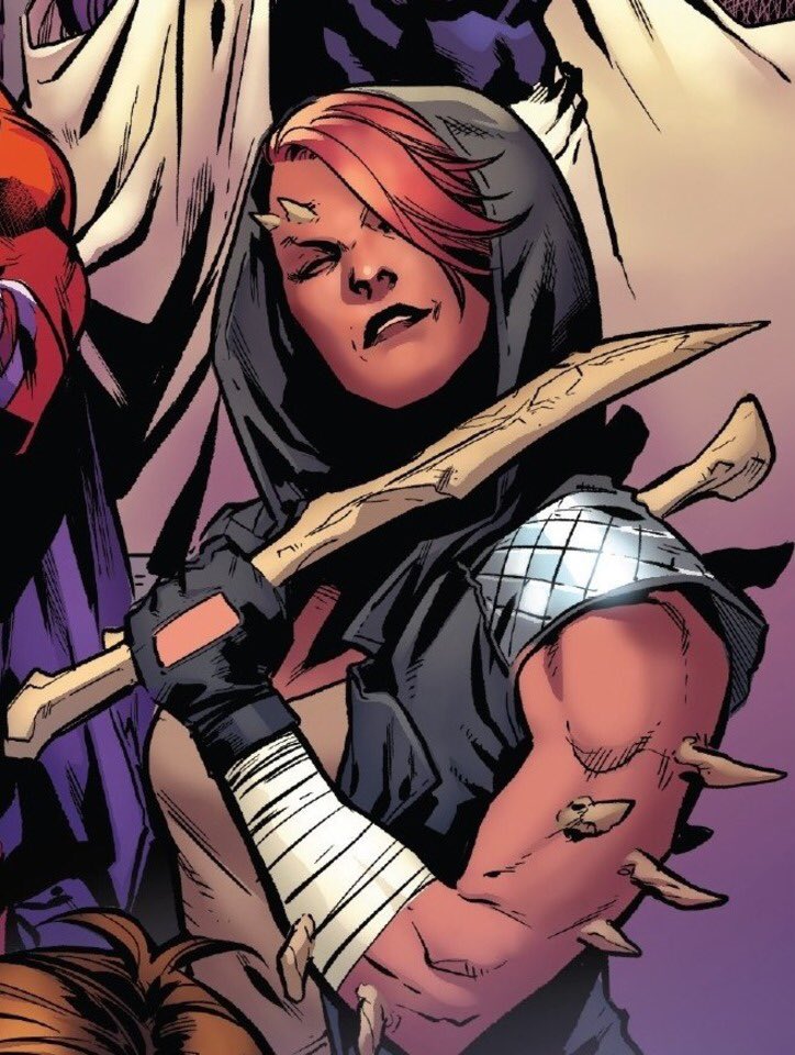 36. Sarah alias Marrow. Possédant les pouvoirs degeux d’avoirs des os qui poussent très vite et de pouvoir les retirer pour se battre avec Marrow commence sa carrière chez les X-Men mais passera chez presque tout leurs ennemis..