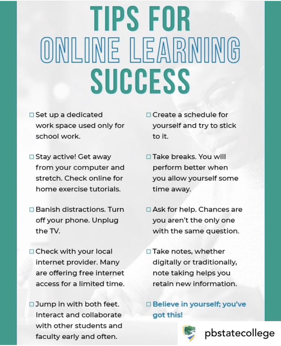DwyerHS's tweet photo. Great tips for online learning success posted by @PBStateCollege : “We know that this transition was unexpected, and we are so proud of all of you for taking it in stride.” #WeAreDwyer #PantherPride #OnlineLearning #VirtualLearning https://t.co/8pbPG6FrFc