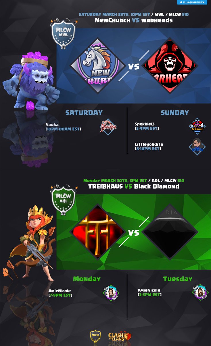 MinerLeagueCW's tweet photo. Wars of the Week - Week 1

We kick off the MLCW Season with a wars in the AQL and MWL leagues. Tonight it's @NewChurchC0C battling it out against @WarHeads_CoC  in the MWL league. And next week we've got @TREIBHAUS_CoC  vs @blackdiamondcoc  in the AQL league.

Come check it out! https://t.co/hWzYDcXCxV