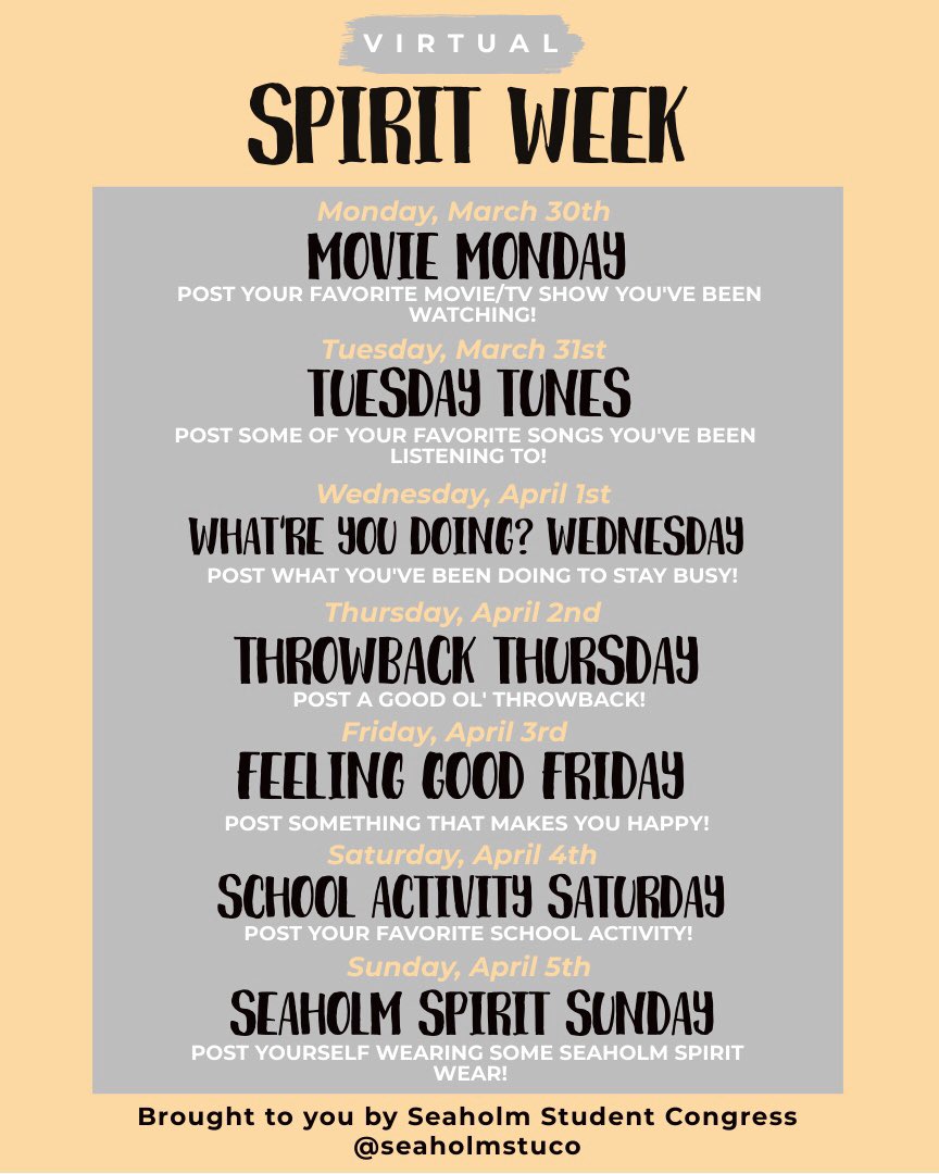 SeahomStuCo's tweet image. Show some school spirit from home by participating in stuco’s virtual Instagram spirit week!! Post on your Instagram or on your story each day using these prompts and make sure to tag us (and your friends)! 🍁✨