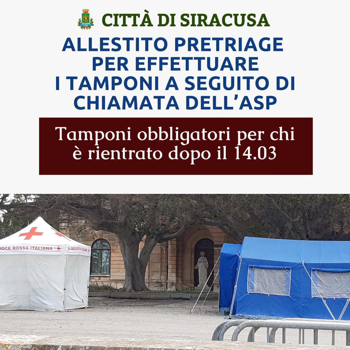 italiasindaco's tweet photo. #StopAlContagio
•
Il Comune di #Siracusa, a supporto dell’Asp, ha allestito tramite la PROTEZIONE CIVILE COMUNALE coadiuvata dai settori #Viabilità e #PoliziaMunicipale, uno SPAZIO PRE-TRIAGE. Segue immagine per dettaglo https://t.co/LghorwUa5K