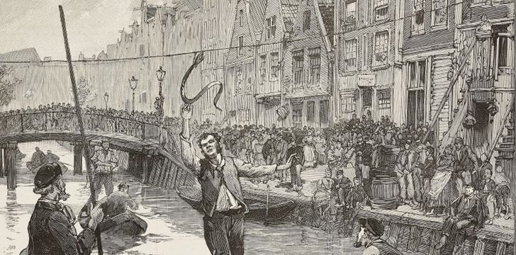 5. Eel Riots.A dutch game: You hang an live eel by a rope over a canal, then you float a boat beneath the eel and try to yank it down. Cash prizes, winner takes all. But on July 25th 1886, the Eel-grabbing game was outlawed on Lindengracht in Amsterdam. Riots ensued. 26 deaths.