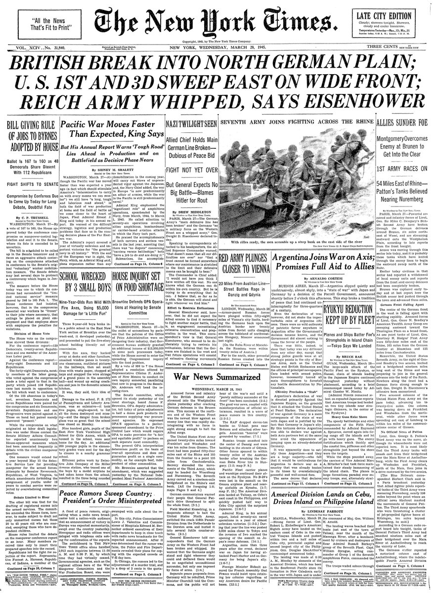 March 28, 1945: British Break Into North German Plain; U.S. 1st and 3D Sweep East on Wide Front; Reich Army Whipped, Says Eisenhower