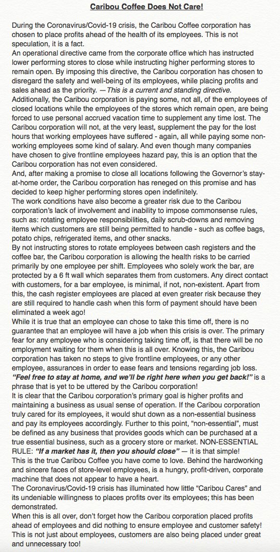 Jason81682063's tweet photo. PLEASE READ! Customers who care, please don't forget what Caribou has done to its employees during this time! Retweet the attached note! #Ban #CaribouCoffee #NeverForget #Covid19 #ShutItDown #StayHomeSaveLives #workplaceexperience #HazardPayNow #Payback #Starbucks #BaristaLife https://t.co/CgbEcAQ9Ia