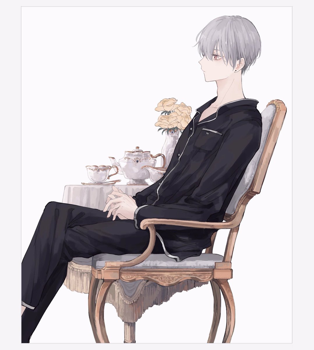 1boy male focus teapot solo sitting flower chair  illustration images