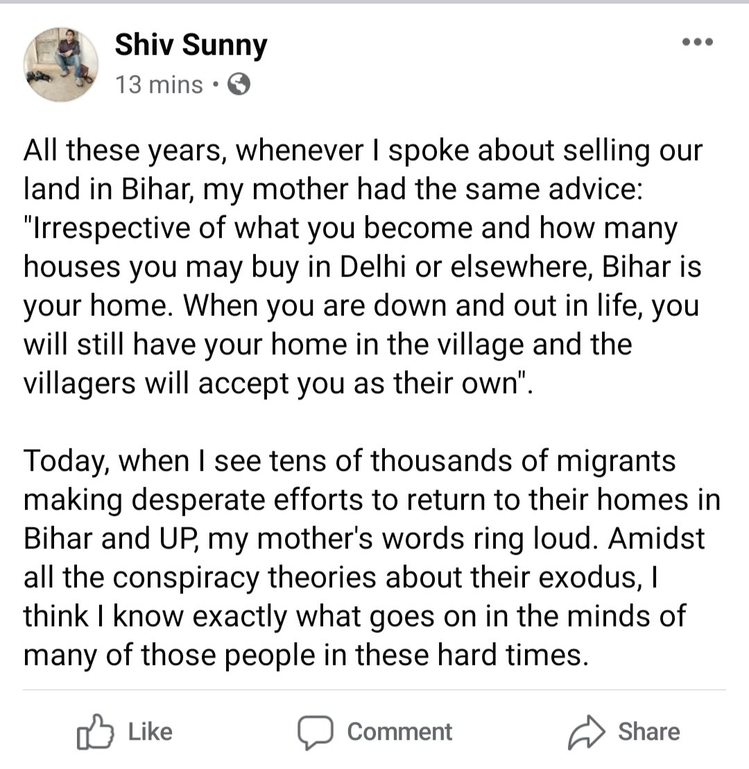 shivsunny's tweet photo. Today, when I see tens of thousands of migrants make desperate attempts to get to their hometowns, my mother's words ring loud. https://t.co/dYQ5g10Y2X