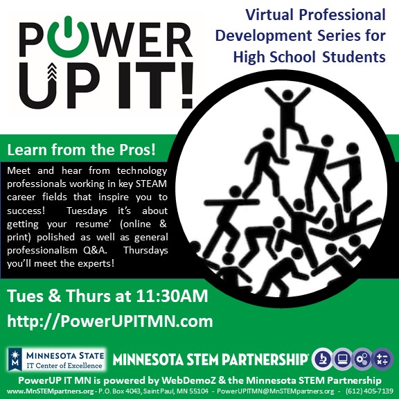 MnSTEMpartners's tweet image. Tune into &quot;PowerUp IT!
Please join us this Tuesday, April 7th at 11:30 a.m.CST
@BDPA @NCWIT @bwise_bwiseusa @NSBE @ #urbanrobotics #urbancoding #urdbandrones #STEM #STEAM