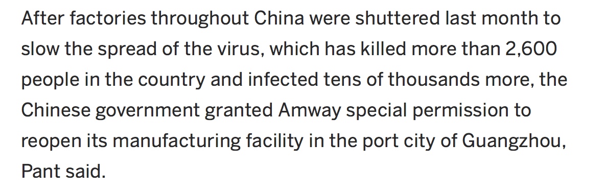 China is Amway's largest market. Wonder if Betsy DeVos was involved in China's decision to grant Amway special permission to reopen its manufacturing facility.  https://www.mlive.com/news/grand-rapids/2020/02/how-the-coronavirus-is-affecting-amways-operations-in-china.html