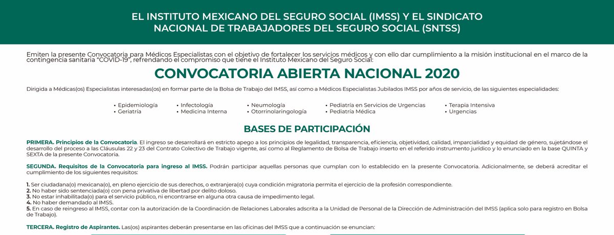 Tu_IMSS's tweet image. Convocatoria Abierta Nacional 2020.

Se buscan médicos especialistas (incluidos jubilados) para fortalecer la atención de la contingencia sanitaria #COVID19.

Consulta las BASES: bit.ly/3bJsbN9 #FamiliaIMSS #MéxicoUnido #IMSSsolidario #Coronavirus