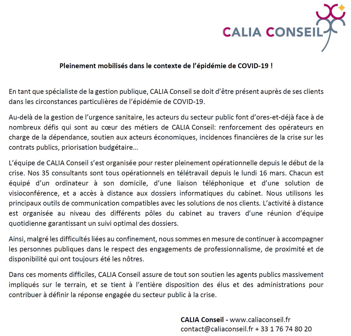 CALIA Conseil: pleinement mobilisés dans le contexte de l'épidémie COVID-19 !