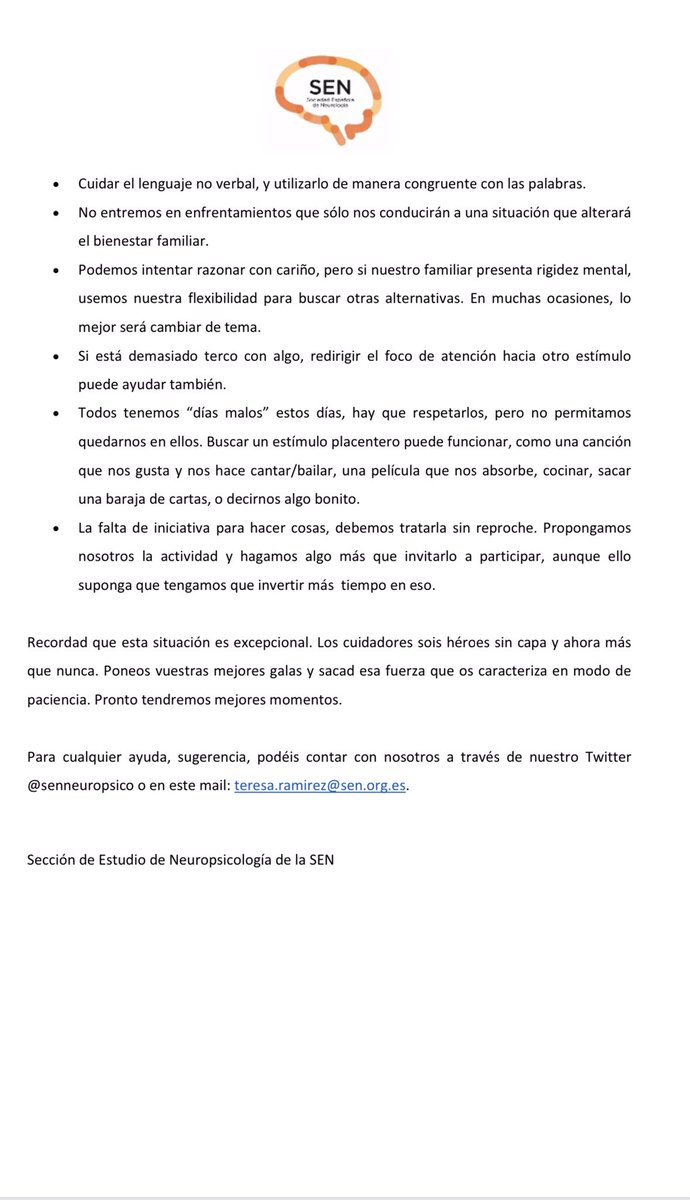 seneuropsico's tweet photo. Desde la Sección de Neuropsicología de la @seneurologia queremos compartir estas pautas para cuidadores de pacientes con Deterioro Cognitivo de cualquier etiología. Esperamos que estos días os puedan ser de ayuda. #QuedateEnCasa https://t.co/vsJDDLmCtQ