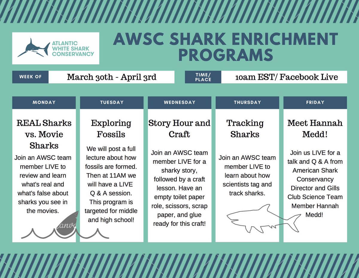 We are ready for week 3 of online learning!

All week long we will be updating our website with supplemental resources to these programs. atlanticwhiteshark.org/awsc-at-home-e…

Our Tuesday program is in line with standards for middle &amp; high school learners but we encourage all to participate!