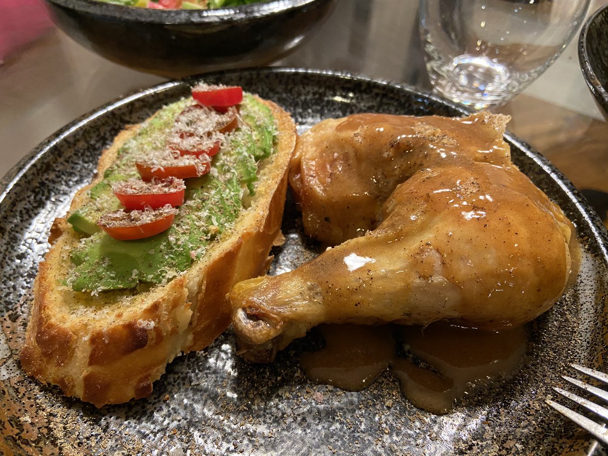 Day 11 (3/27): yesterday night we had what boomers say is the reason why millennials don’t have savings: avocado toast with a whole roast chicken and salad