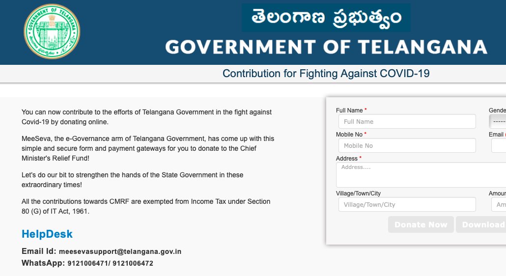 TELANGANA(Use the link provided) https://ts.meeseva.telangana.gov.in/Covid/CovidContribution.htm