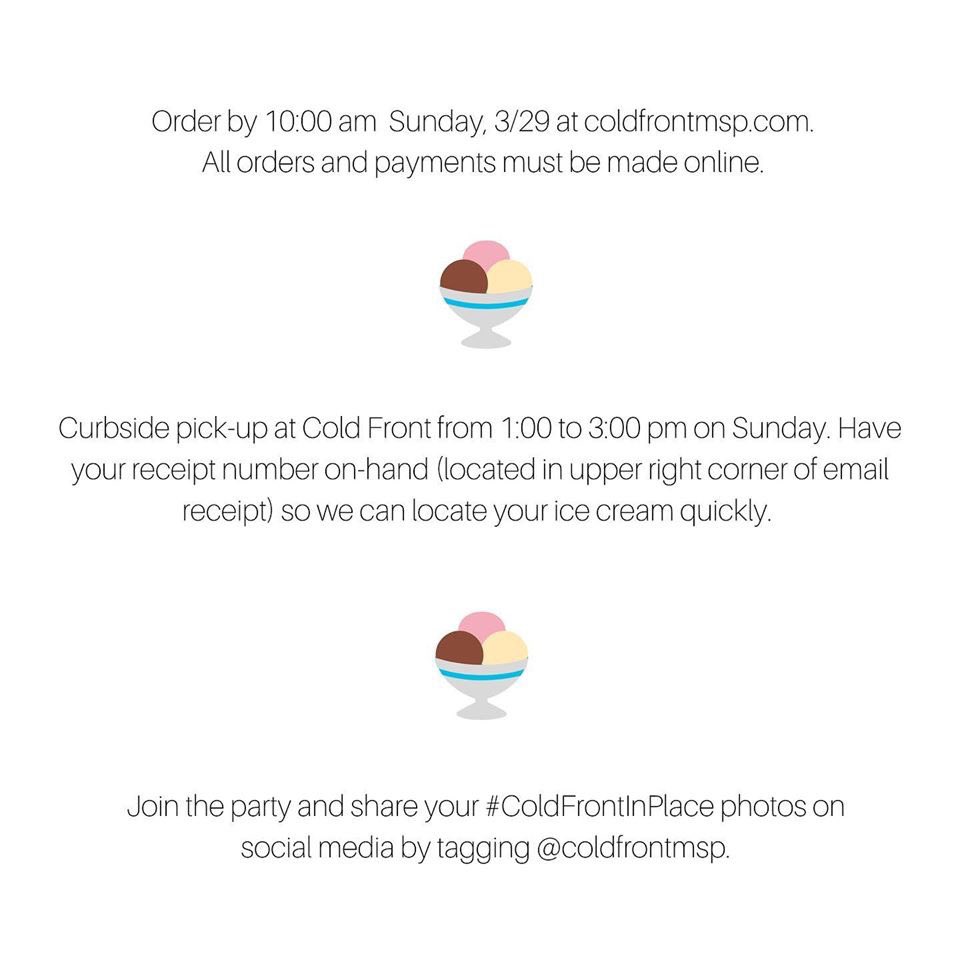 WOW! 300+ pints sold already to support our <a href="/MNRecovery/">MRC</a> #ColdFrontInPlace Drive-Up Ice Cream Social (Distancing) event tomorrow. 🙏 for your support!

☑️ Curbside pick up tomorrow 1-3–Please have your order # ready for quick pick up
☑️ Order coldfrontmsp.com 
💙🤍