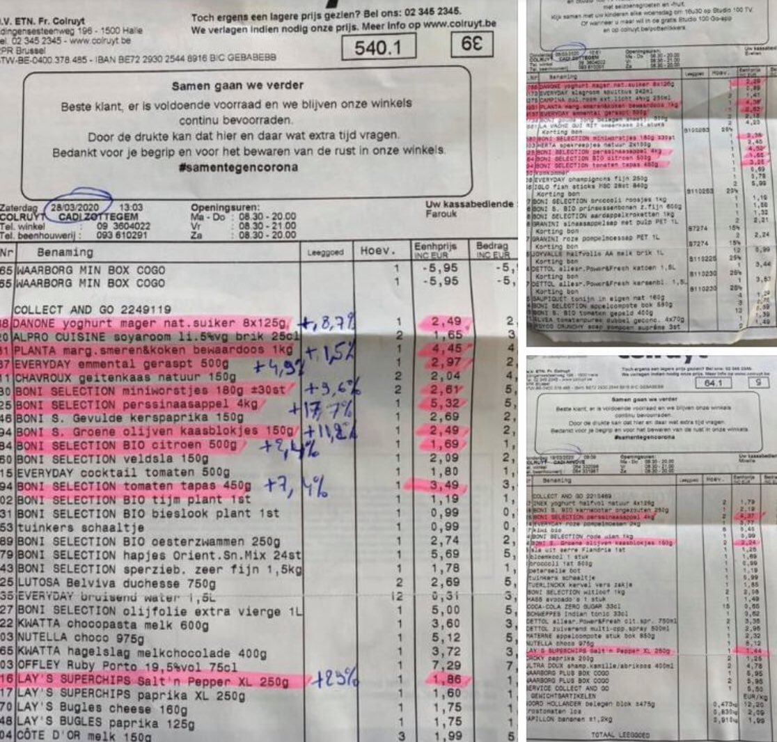 VincentVQ's tweet photo. Supermarkten op 2 weken tijd fors duurder.
Nu het hamsteren gestopt is, moet @nathaliemuylle terug kortingen, solden en acties toelaten. De consument betaalt nu veel te veel. https://t.co/Wcoahd7RMY