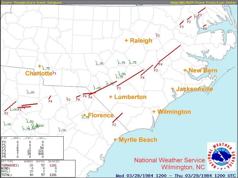 1/10 - Today is the 36th anniversary of one of the largest/deadliest tornado outbreak on record in the Carolinas. Stats of this outbreak are staggering. 24 tornadoes touched down: 11 in NC, 11 in SC, & 2 in GA. 57 fatalities, (42 in NC &15 in SC) and 1248 injuries  #scwx  #ncwx