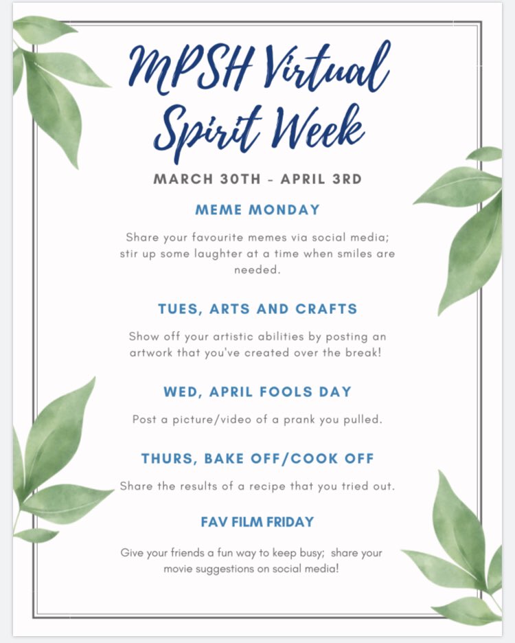 Ladies and gents, here is the VIRTUAL SPIRIT WEEK AGENDA. Start spreading the good news. Take pics and share them with <a href="/MatsonMPSH/">Timothy Matson (he/him/his)</a> and I for the podcast!