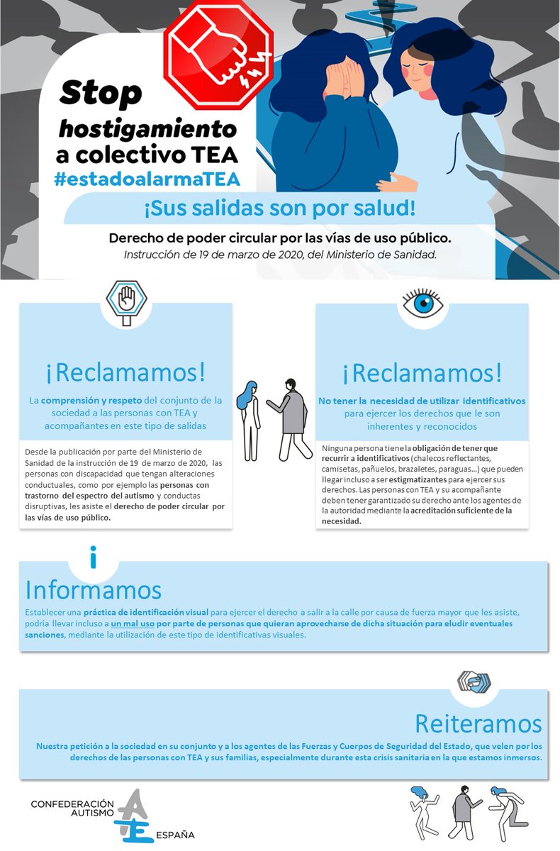 🛑Stop hostigamiento a las personas con #autismo 
🗒️La Ley les permite salir a la calle 
🙏Reclamamos respeto y comprensión social
‼️Reclamamos no tener que recurrir a identificativos #EstadoalarmaTEA 👉bit.ly/2QSytSB