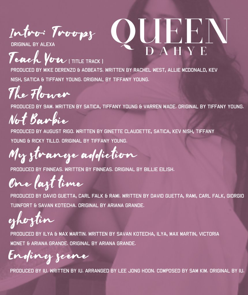 FficialPharao's tweet photo. queen: tracklist

#phara_o #pharao #dahye #denisehwang #queen #teach_you #파라_오 #파라오 #다혜 #황다혜 #퀸 #티츠_유 https://t.co/Oi3IxW5xRV