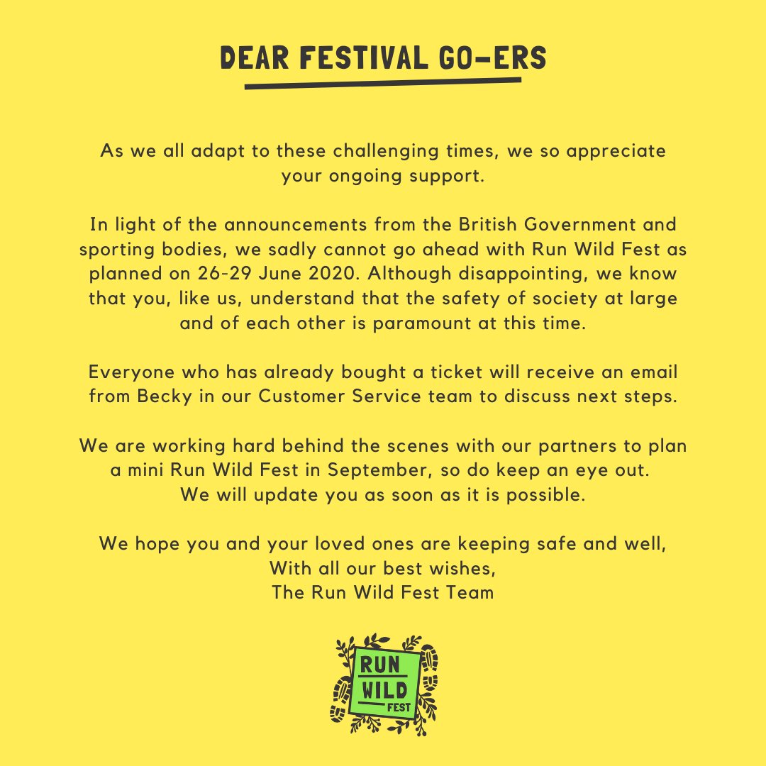 In light of the announcements from the British Government and sporting bodies, we sadly cannot go ahead with Run Wild Fest as planned. 

We are working behind the scenes to plan a mini Run wild Fest in September, so do keep an eye out. 

The Run Wild Fest Team.