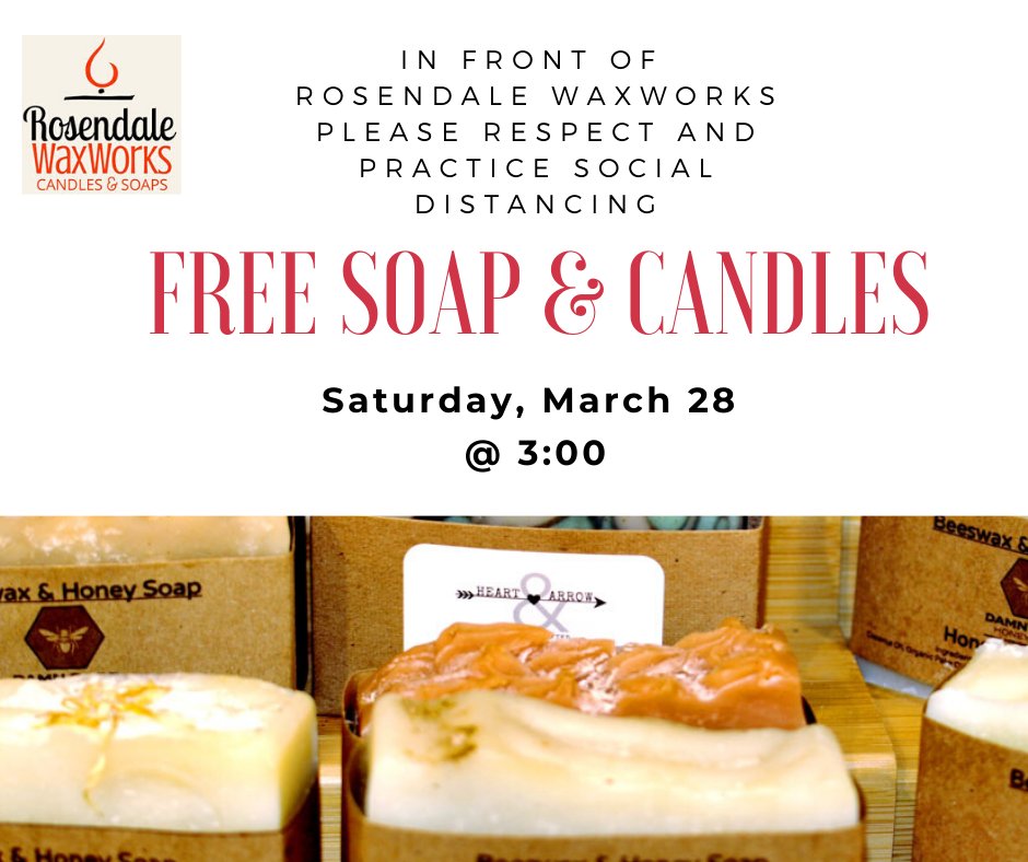 RWaxworks's tweet photo. Saturday @ 3:00 we will distributing free soap and candles from our limited quantity.  Please practice social distancing and bring your own bag.
See you tomorrow, stay safe. https://t.co/S3A0YAa88b