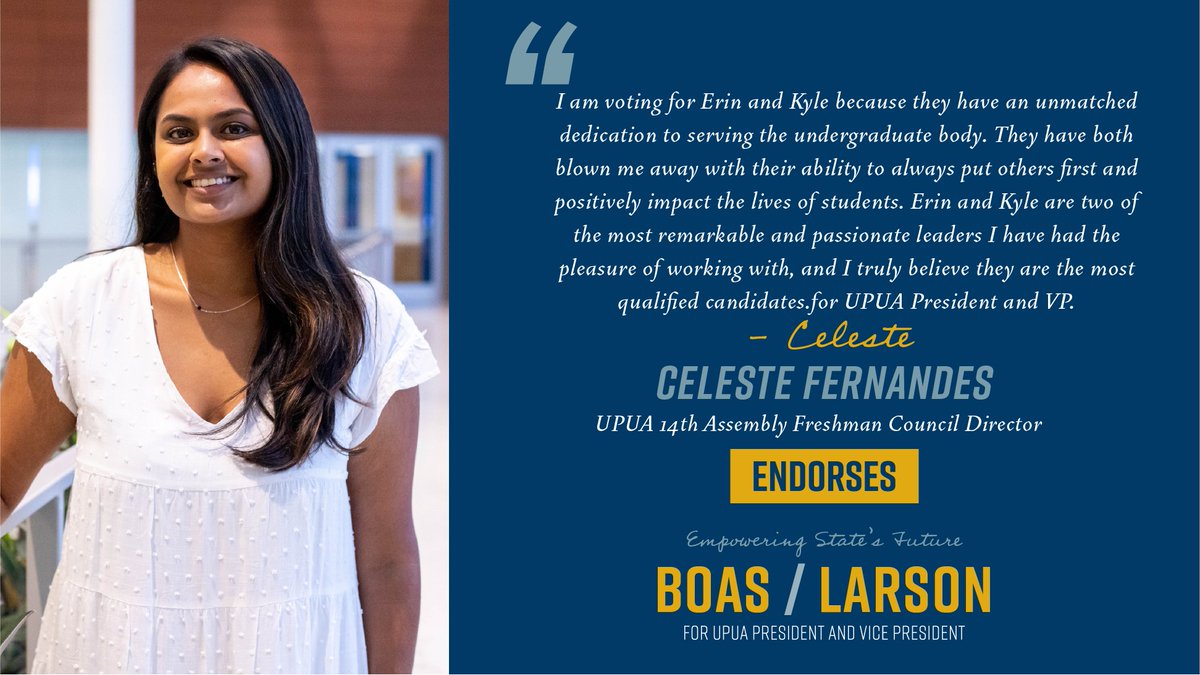 VoteBoasLarson's tweet photo. Thank you, Celeste Fernandes for endorsing Boas-Larson for UPUA President and Vice President! Celeste served as the UPUA 14th Assembly Freshman Council Director. Don’t forget to vote on April 15th at https://t.co/9uclDTBFep https://t.co/JqVa8M9PlO