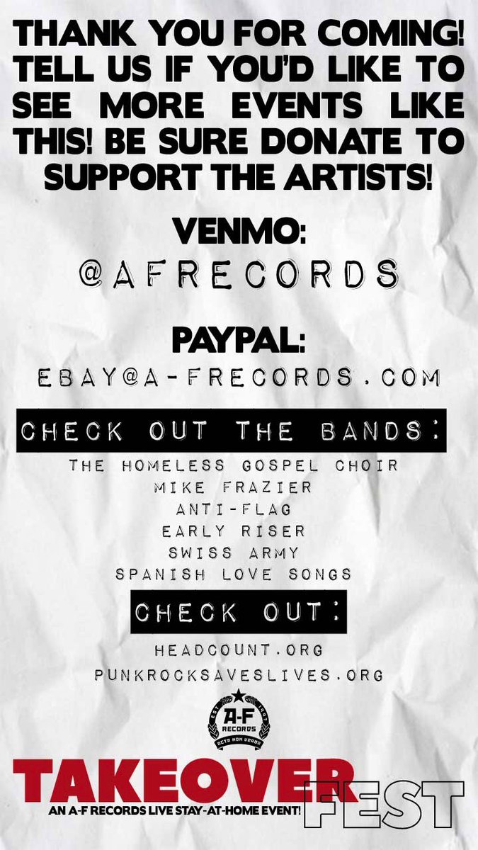 We did it! TAKEOVER OVER was a smash and we couldn’t have pulled it off without you! If you missed it, you can replay all the sets on our Instagram for the next 24 hours!

Hit it up at you convenience, and donate if you can! IG: @/afrecords