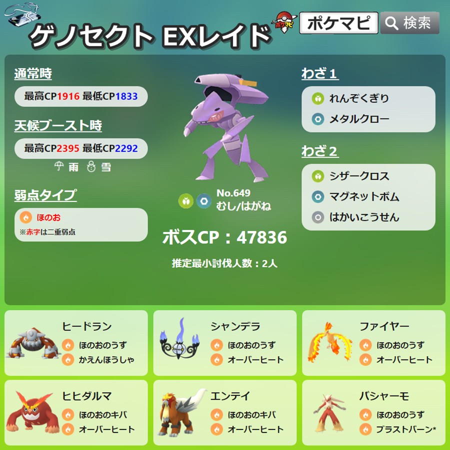 ポケモンgo攻略情報 ポケマピ Twitterren Exレイドに登場予定の ゲノセクト について 対策ポケモンや個体値などの情報をまとめました 対策 詳細はこちら T Co Ibb6vy2bom 個体値一覧表 レイド はこちら T Co Ahc7doov8f ポケモンgo