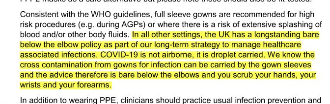 drwij's tweet photo. EXTREMELY worrying - @PHE_uk don’t know difference between PPE and ‘bare below elbows’. We don’t  walk round hospitals in gowns - they’re taken off IN THE ROOM. Dirty elbows, upper arms &amp; sleeves follow us EVERYWHERE #COVID19 droplets spread via SURFACES https://t.co/y1Vx5I5Tst https://t.co/7Kie90kTSP