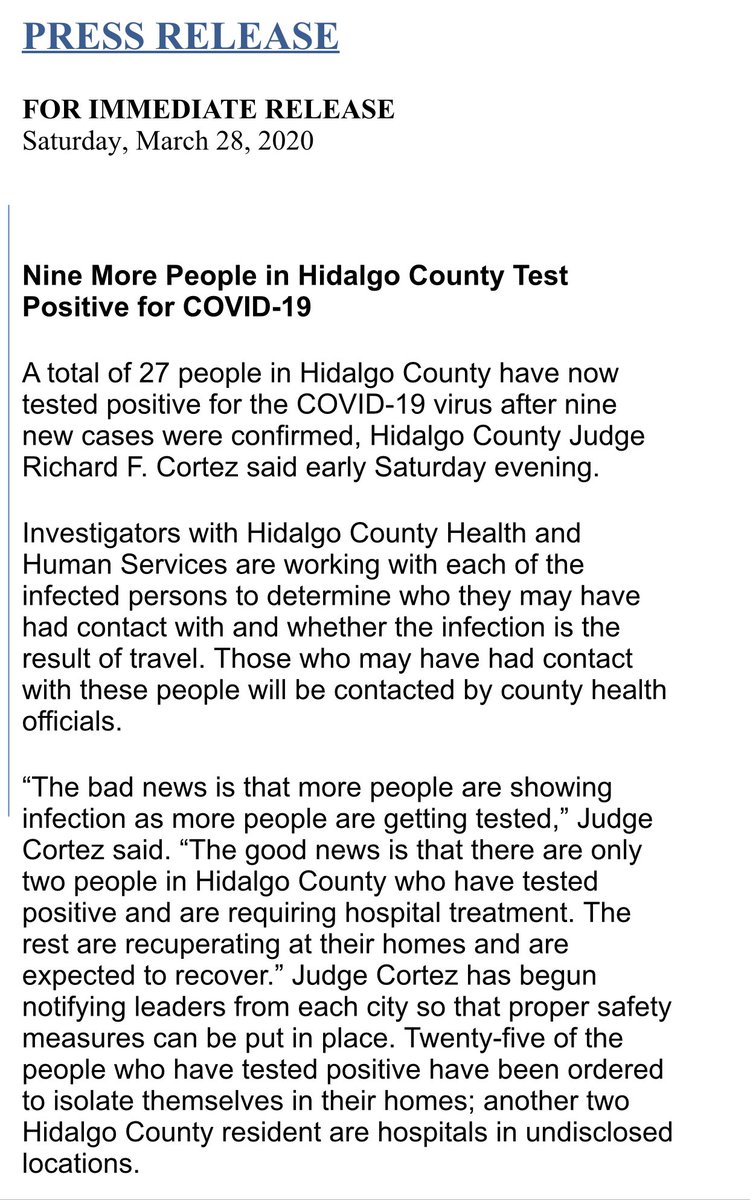 HidalgoCountyTX's tweet photo. Nine More People in Hidalgo County Test Positive for COVID-19 bringing new total to 27. #stayhome #washyourhands #socialdistancing https://t.co/djdFe1CftV