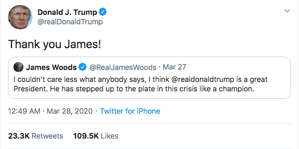 Trump a little after midnight last night quote tweeted James Woods yet again. As noted multiple times before, Woods has previously tweeted multiple screenshots of "Q" posts and pushed Pizzagate.