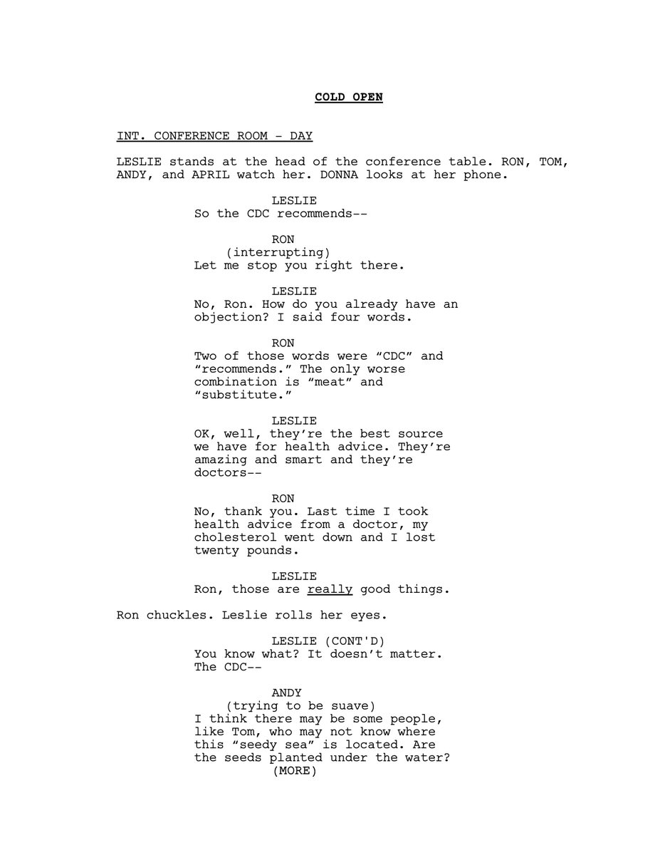 HeyLoomy's tweet photo. @KylePlantEmoji You gave me no choice but to try to write this thing myself. Cold Open for hypothetical Parks &amp; Rec COVID episode: https://t.co/e7Zlgnj28b