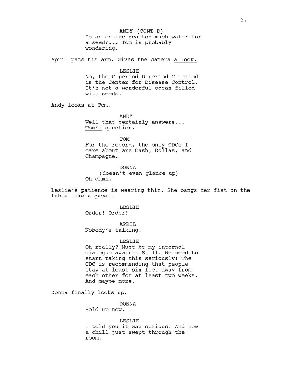 HeyLoomy's tweet photo. @KylePlantEmoji You gave me no choice but to try to write this thing myself. Cold Open for hypothetical Parks &amp; Rec COVID episode: https://t.co/e7Zlgnj28b