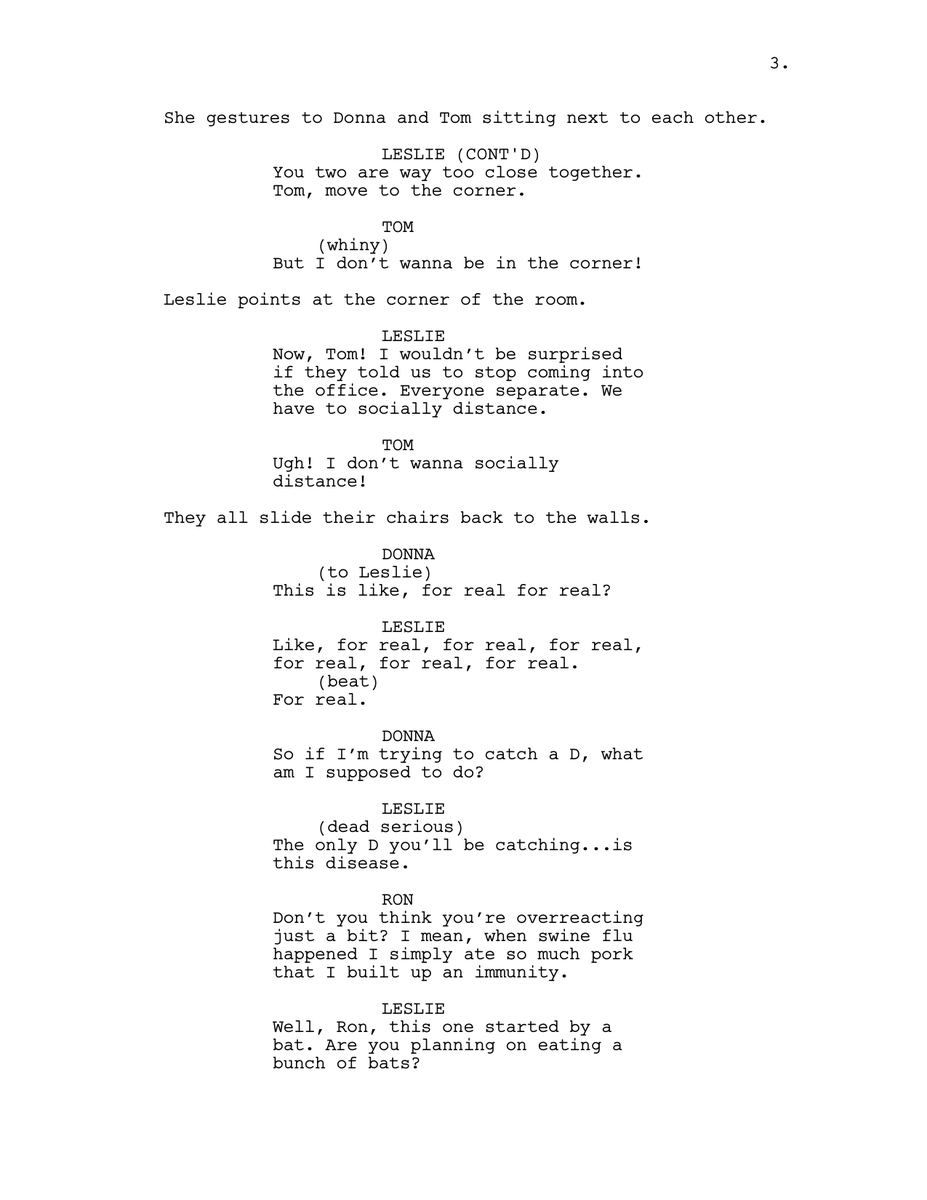 HeyLoomy's tweet photo. @KylePlantEmoji You gave me no choice but to try to write this thing myself. Cold Open for hypothetical Parks &amp; Rec COVID episode: https://t.co/e7Zlgnj28b