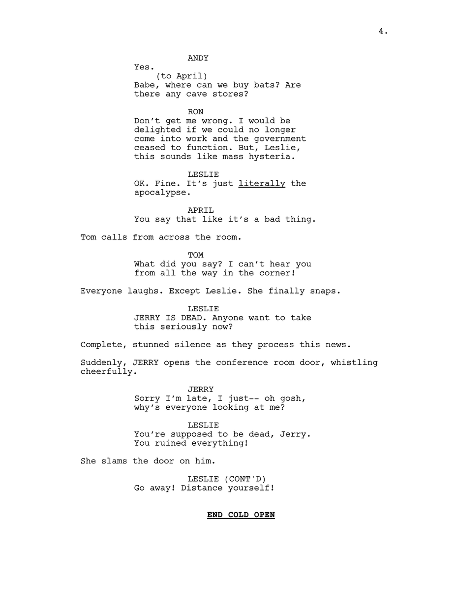 HeyLoomy's tweet photo. @KylePlantEmoji You gave me no choice but to try to write this thing myself. Cold Open for hypothetical Parks &amp; Rec COVID episode: https://t.co/e7Zlgnj28b