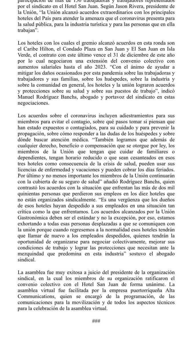 mrbanchs's tweet photo. La Unión Gastronómica, @unitehere local 610, celebró su primera asamblea remota excediendo expectativas. Ratificaron convenio unánime e informaron sobre acuerdos alcanzados sobre #coronavirus en #PuertoRico con @CaribeHilton @CondadoPlaza y @hotelsanjuan1
Gracias @NYHTC https://t.co/uYYNWlqi2i