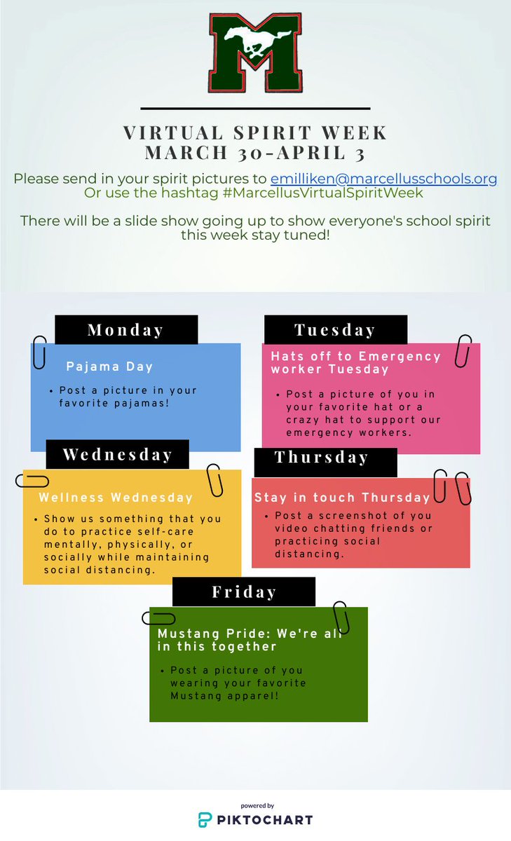 DMS is having a virtual spirit week next week! Please send in your pictures and have fun! <a href="/Dms5thgrade/">DMS 5th Grade</a> @DriverMiddle <a href="/MarcellusCSD/">Marcellus Schools</a> #MarcellusVirtualSpiritWeek