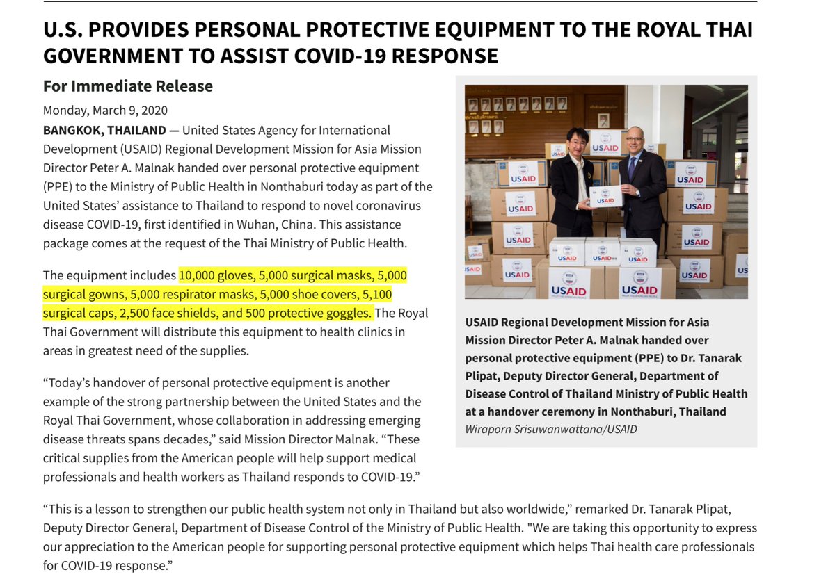 WTF -always read the full PR MARCH 7 2020“equipment includes; 10,000 gloves, 5,000 surgical masks, 5,000 surgical gowns, 5,000 respirator masks, 5,000 shoe covers, 5,100 surgical caps, 2,500 face shields, and 500 protective goggle” https://www.usaid.gov/asia-regional/press-releases/mar-9-2020-us-provides-personal-protective-equipment-royal-thai-covid-19