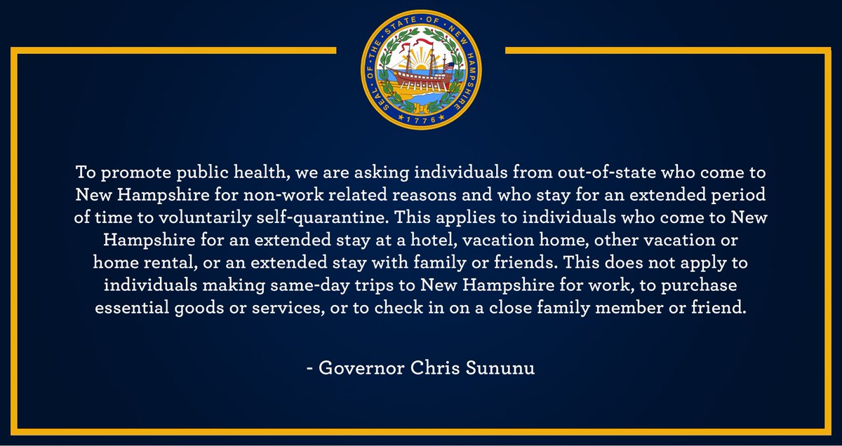 Please see below for a statement from Governor Chris Sununu regarding out-of-state visitors: