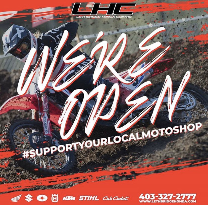Lethbridgehonda's tweet photo. We are open.  Phone in for curbside parts pickup.   Sales by appointment only.   New hours 9-4pm Saturdays.  Reg hours M-F. https://t.co/BrIN4HDzv7