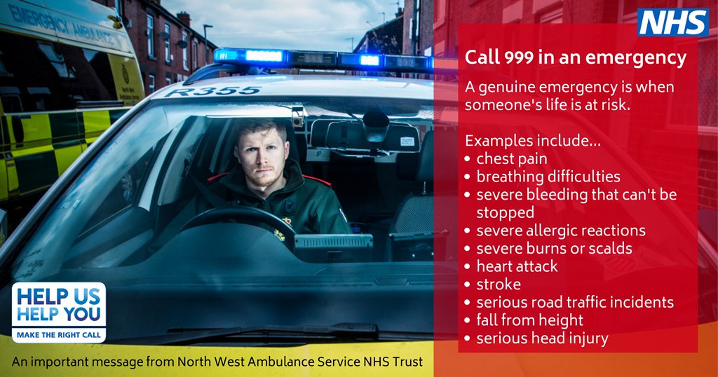North West Ambulance Service (@nwambulance) on Twitter photo Once again we are receiving extremely high numbers of 999 calls, particularly in Greater Manchester and Merseyside.  
Please help us by only calling 999 for life-threatening emergencies.
For urgent medical advice visit 111.nhs.uk Once again we are receiving extremely high numbers of 999 calls, particularly in Greater Manchester and Merseyside.  
Please help us by only calling 999 for life-threatening emergencies.
For urgent medical advice visit 111.nhs.uk