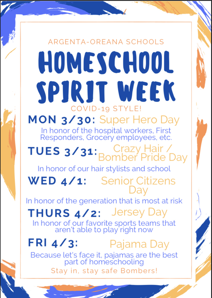 AO_Bombers's tweet photo. Help us celebrate “AO Homeschool Spirit Week” this week! 
See the attached for day by day themes and use #BomberPride to show everyone how you are participating!
#WEareAO https://t.co/Uc46MfIH0X