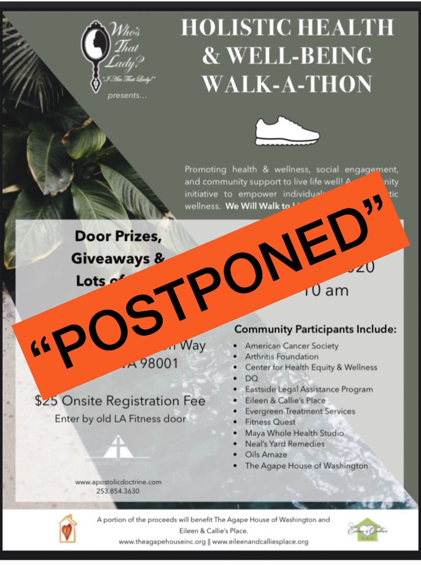 Good afternoon! In line with directives from the governor, the CDC, and our desire for us all to live life well, due to the Coronavirus pandemic a decision has been made to postpone the WTL Holistic &amp; Well Being Walk-A-Thon Conference that was scheduled for Saturday, March 21st.