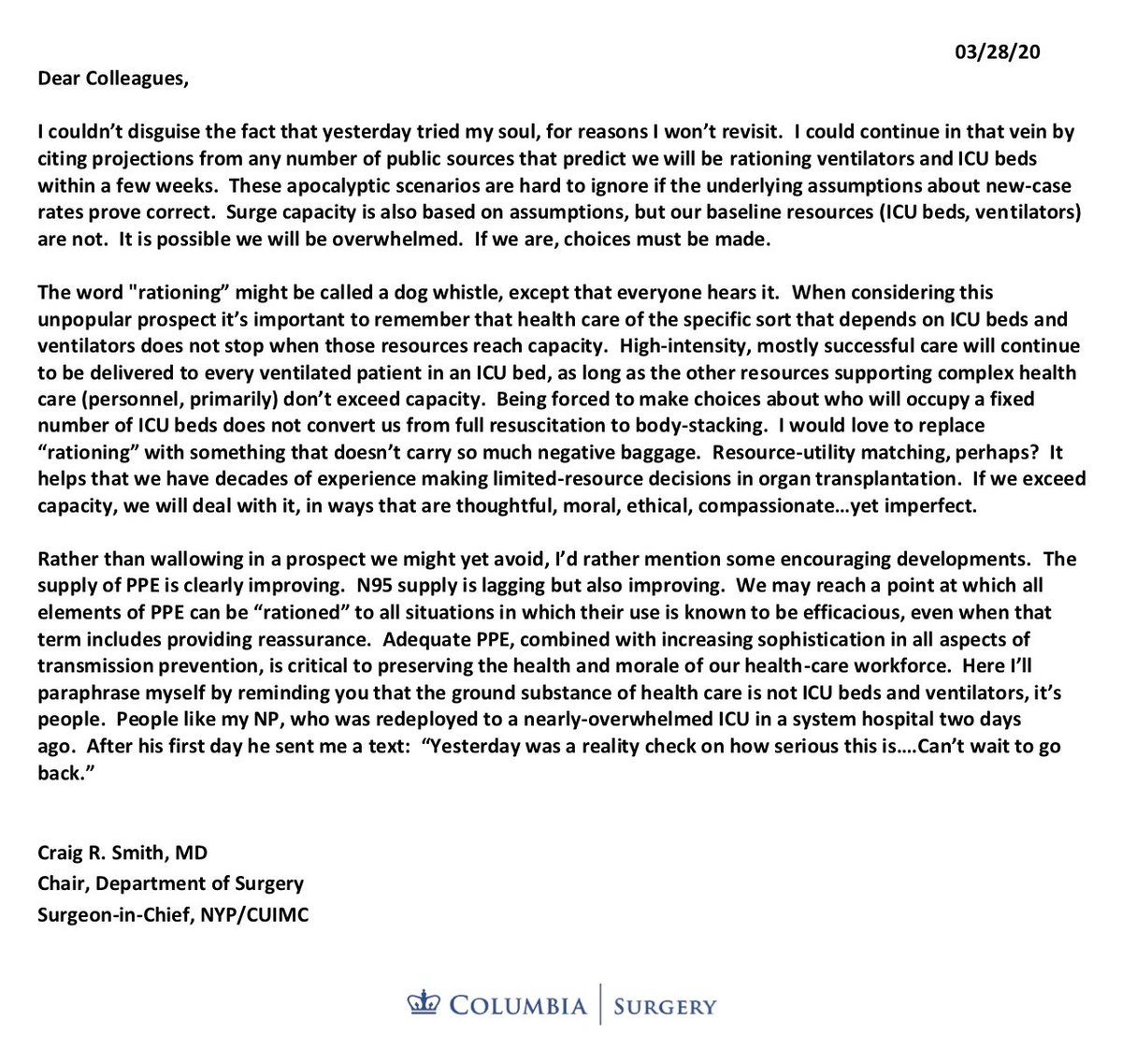 COVID-19 Update: Saturday, 3/28/20New day, new update. Latest  #COVID19 crisis update from Dr. Craig Smith:  https://columbiasurgery.org/news/covid-19-update-dr-smith-32820